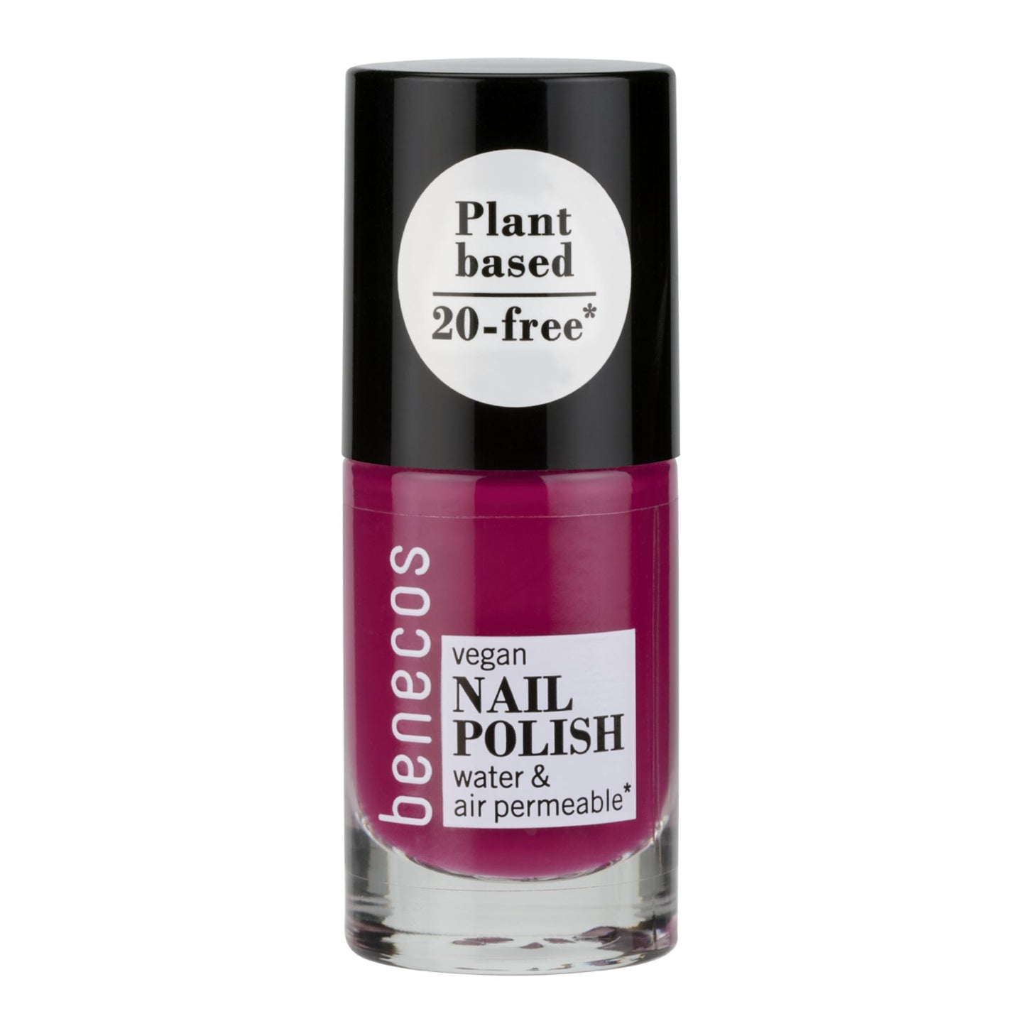 Benecos vegan nail polish bottle with black cap and pinkish-red color on a white background