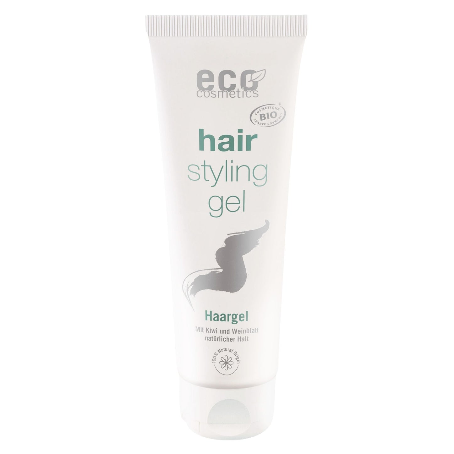 Tube of eco cosmetics hair styling gel on a white background