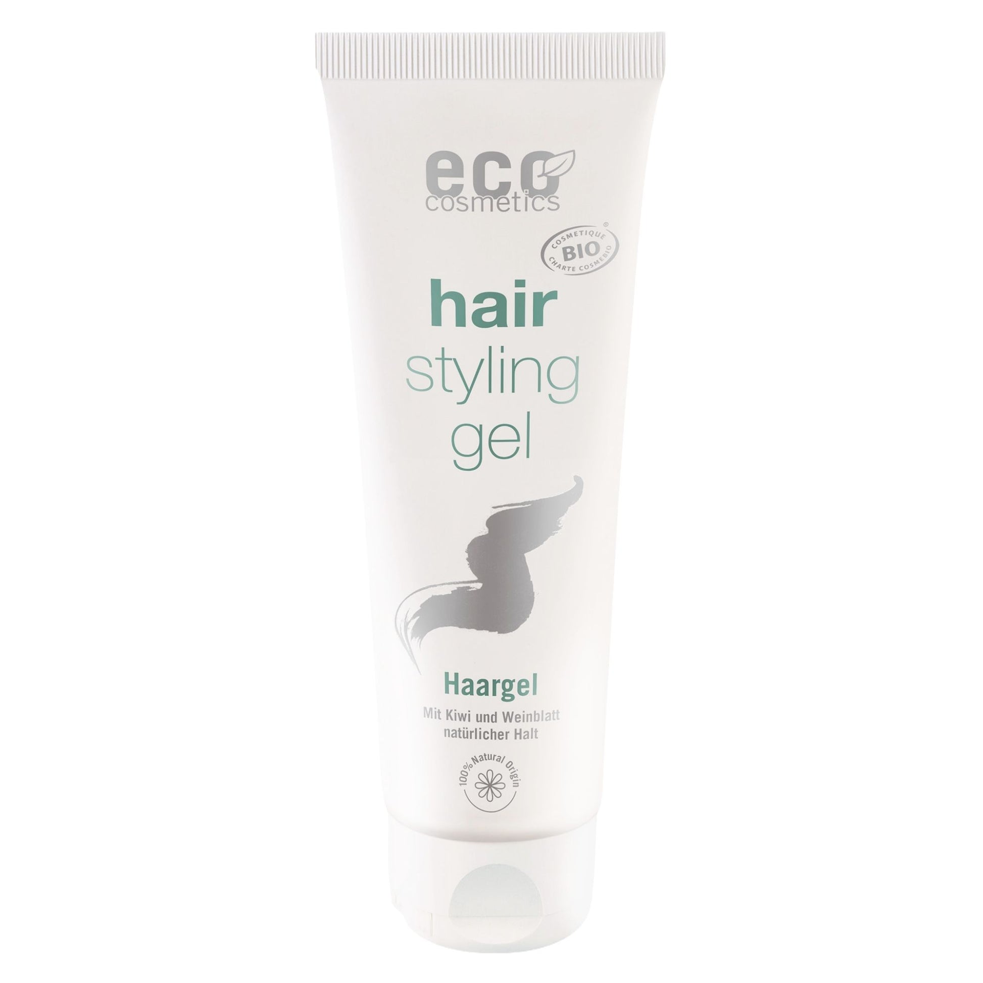 Tube of eco cosmetics hair styling gel on a white background