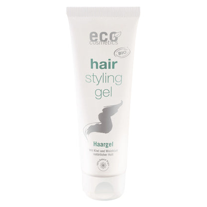 Tube of eco cosmetics hair styling gel on a white background