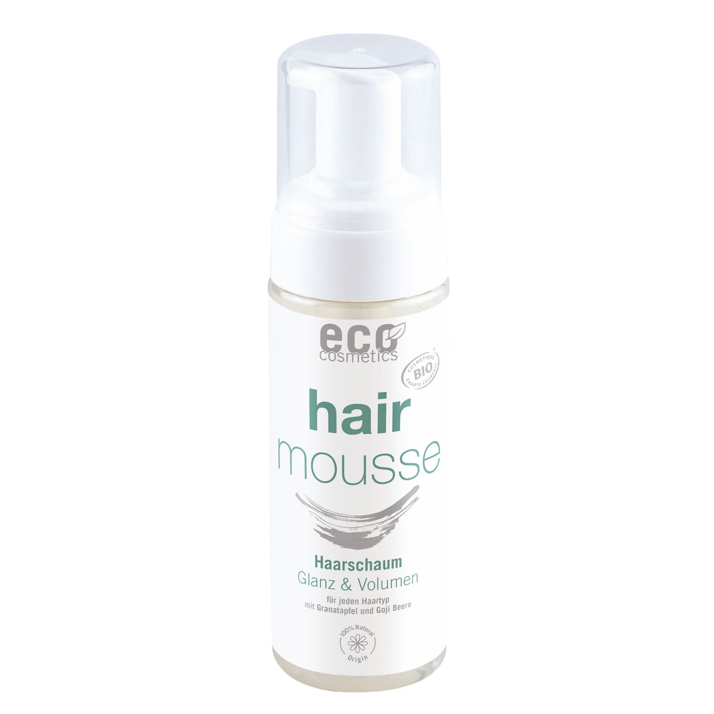 Hair mousse bottle with eco cosmetics branding on a white background