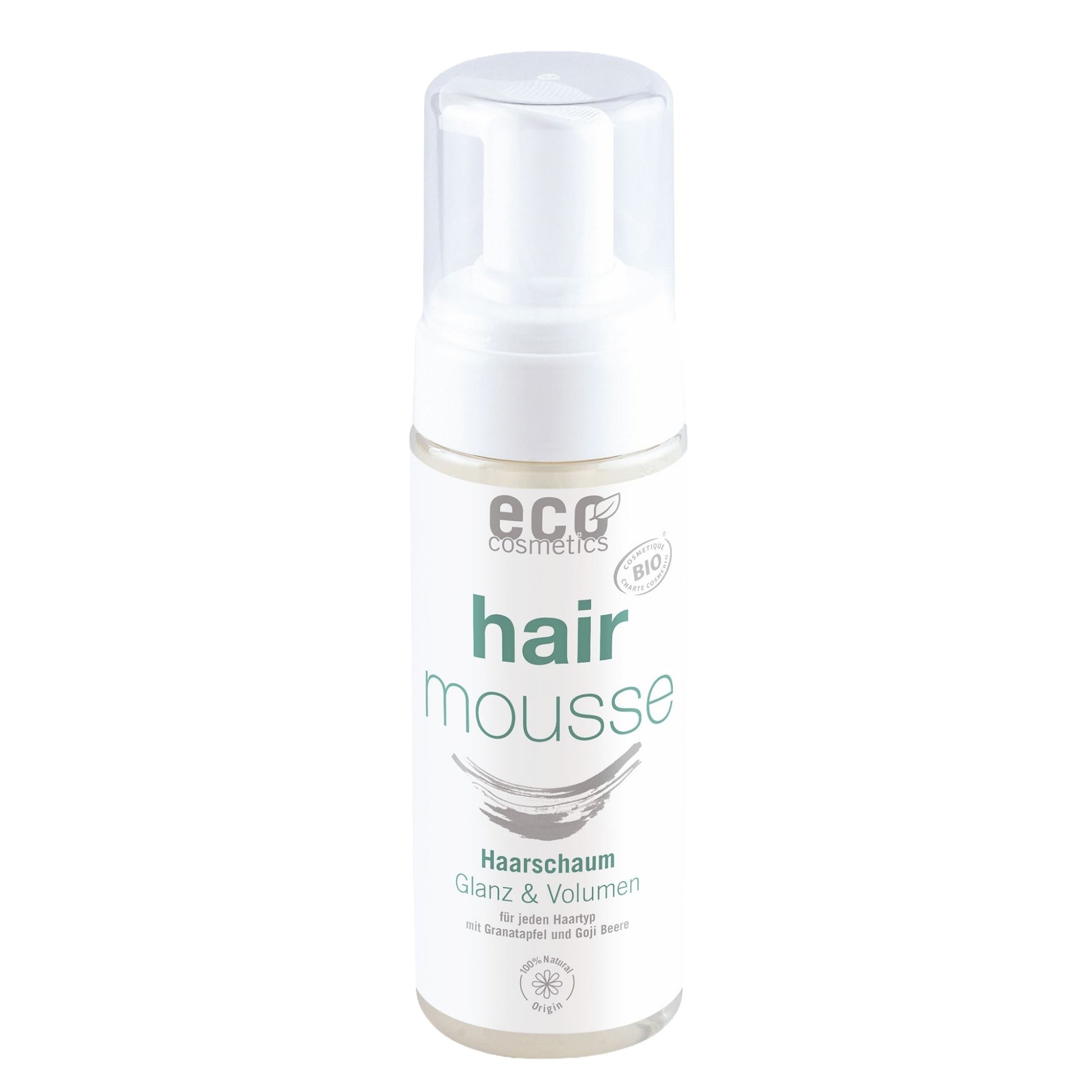 Hair mousse bottle with eco cosmetics branding on a white background