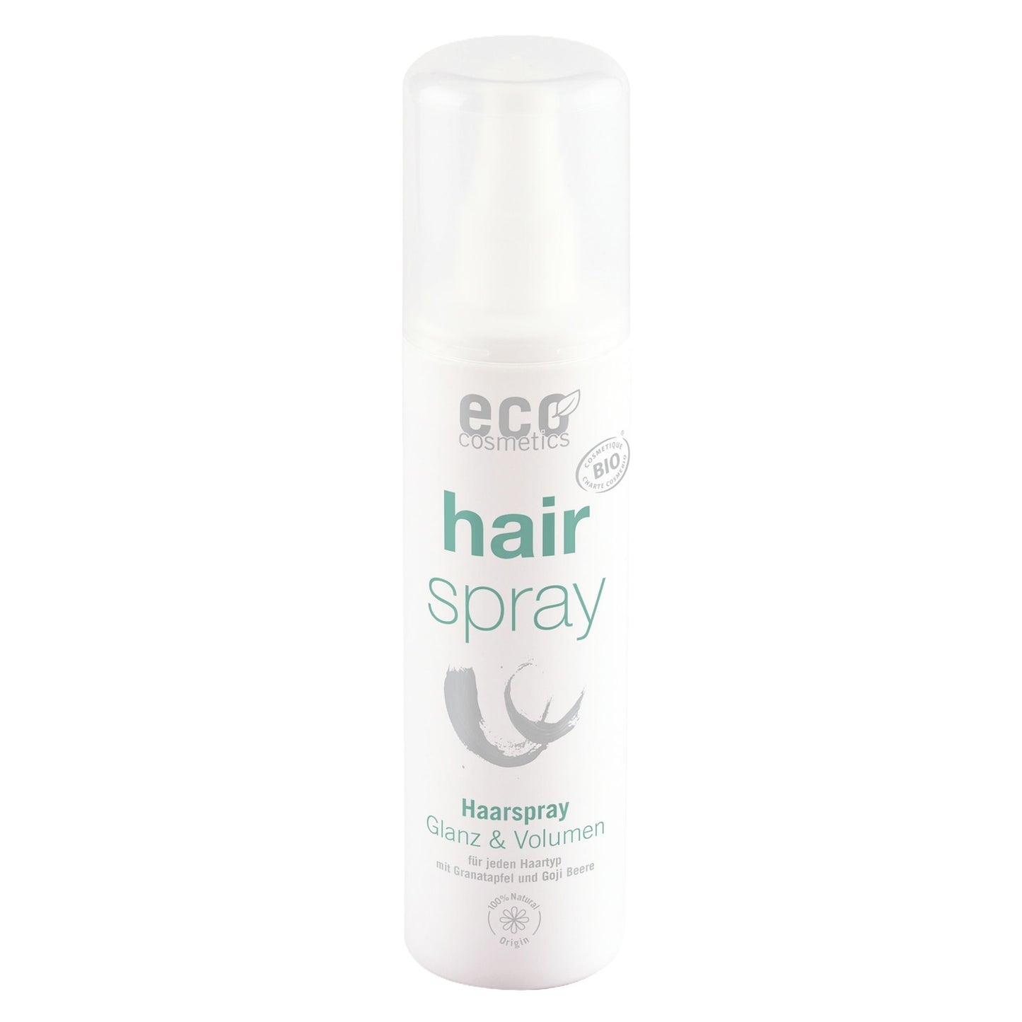 Hair spray bottle with 'eco' branding on a white background