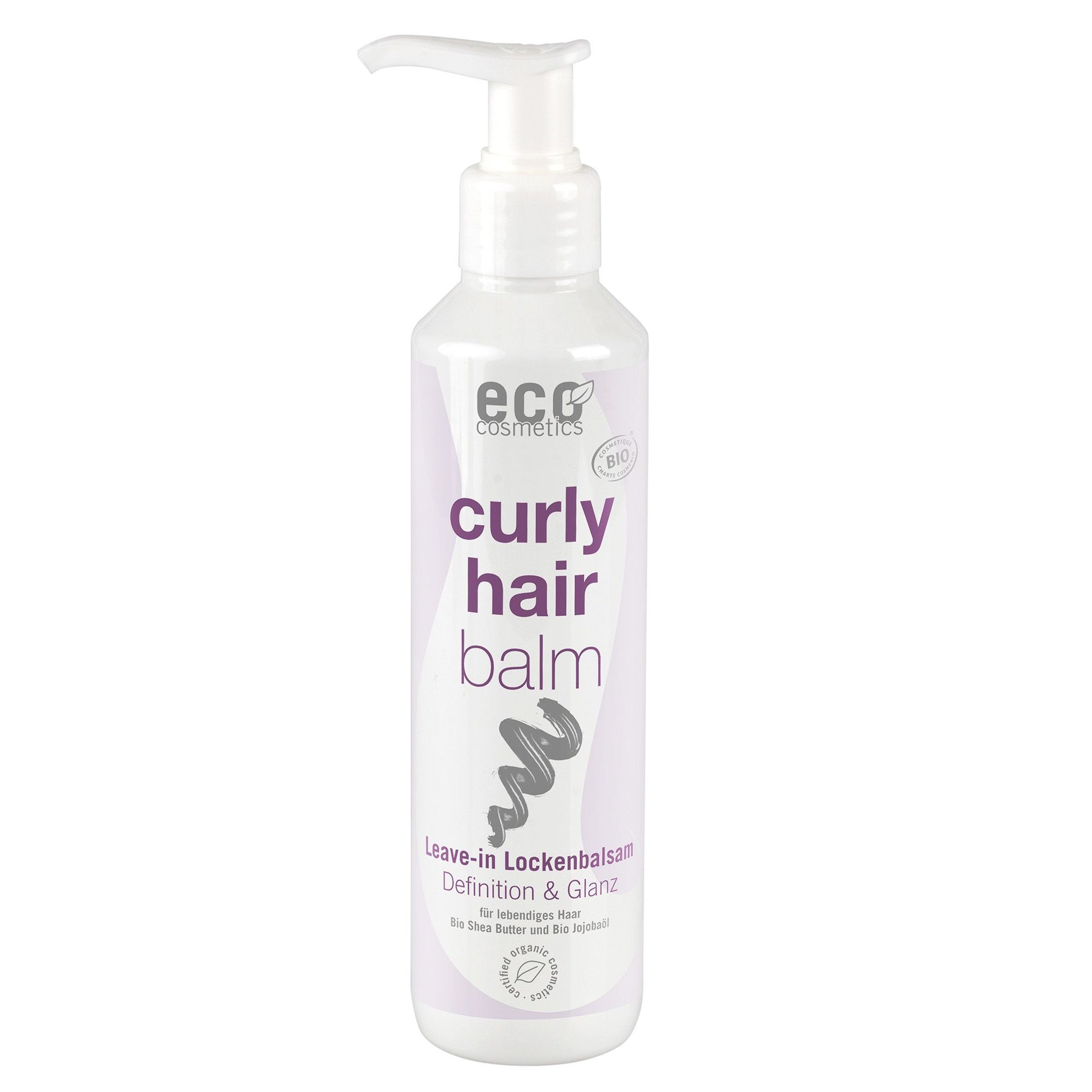 Bottle of eco cosmetics curly hair balm on a white background