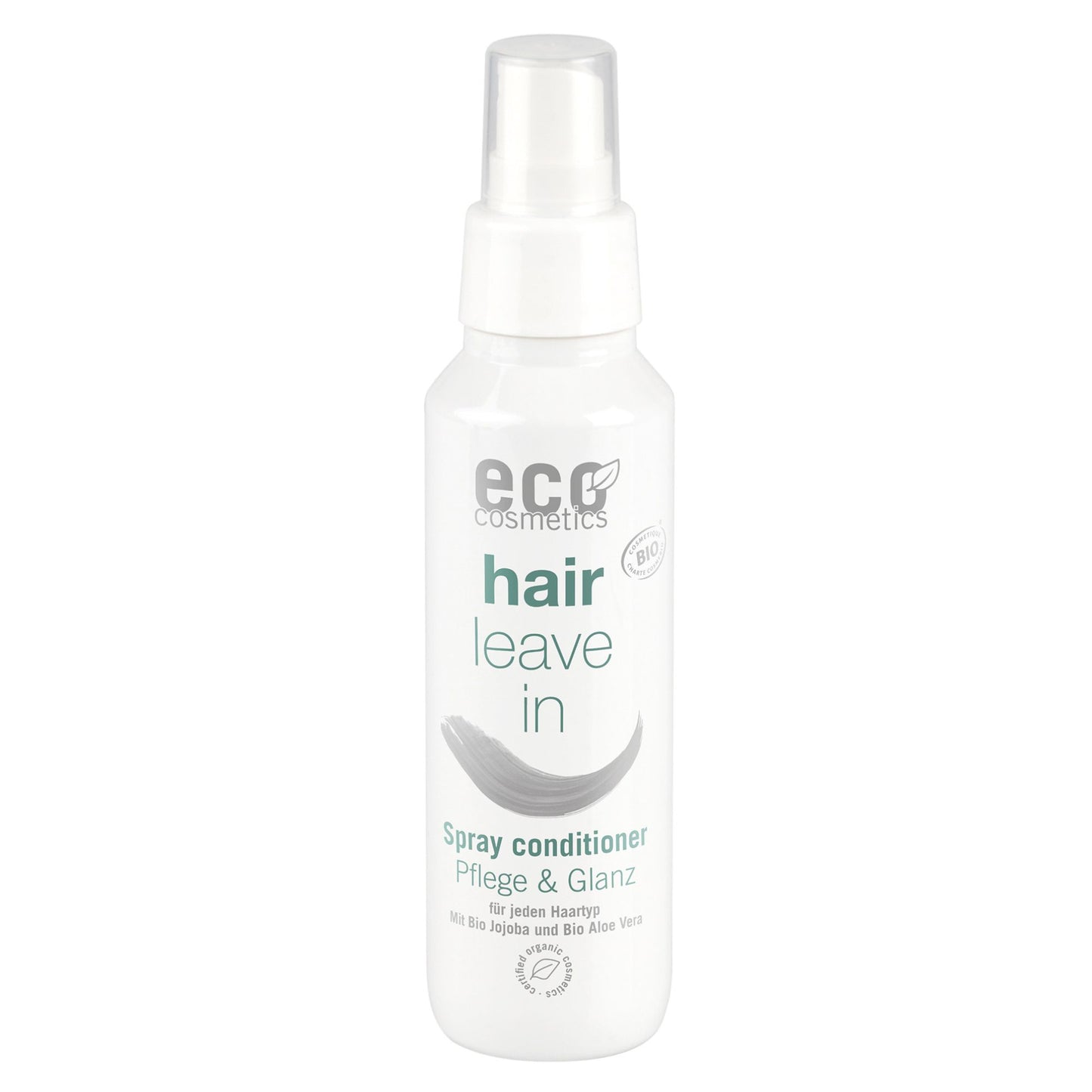 Eco Cosmetics hair leave-in spray conditioner bottle on a white background
