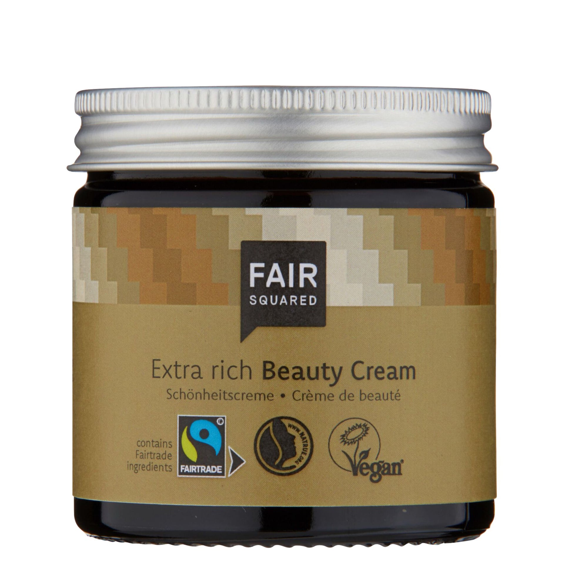 A jar of Fair Squared Extra Rich Beauty Cream with a brown label, silver lid, and black container, shown on a plain white background.