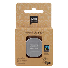 Fair Squared Almond Lip Balm tin in beige packaging on white background