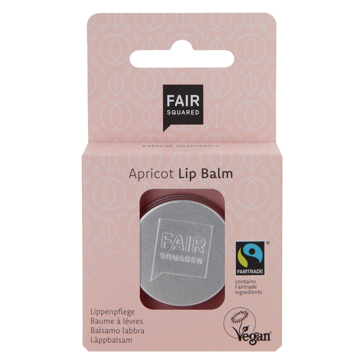 Fair Squared Apricot Lip Balm tin in pink packaging on white background