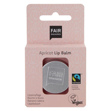 Fair Squared Apricot Lip Balm tin in pink packaging on white background
