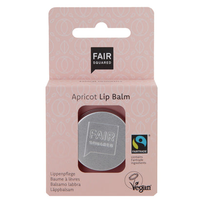 Fair Squared Apricot Lip Balm tin in pink packaging on white background