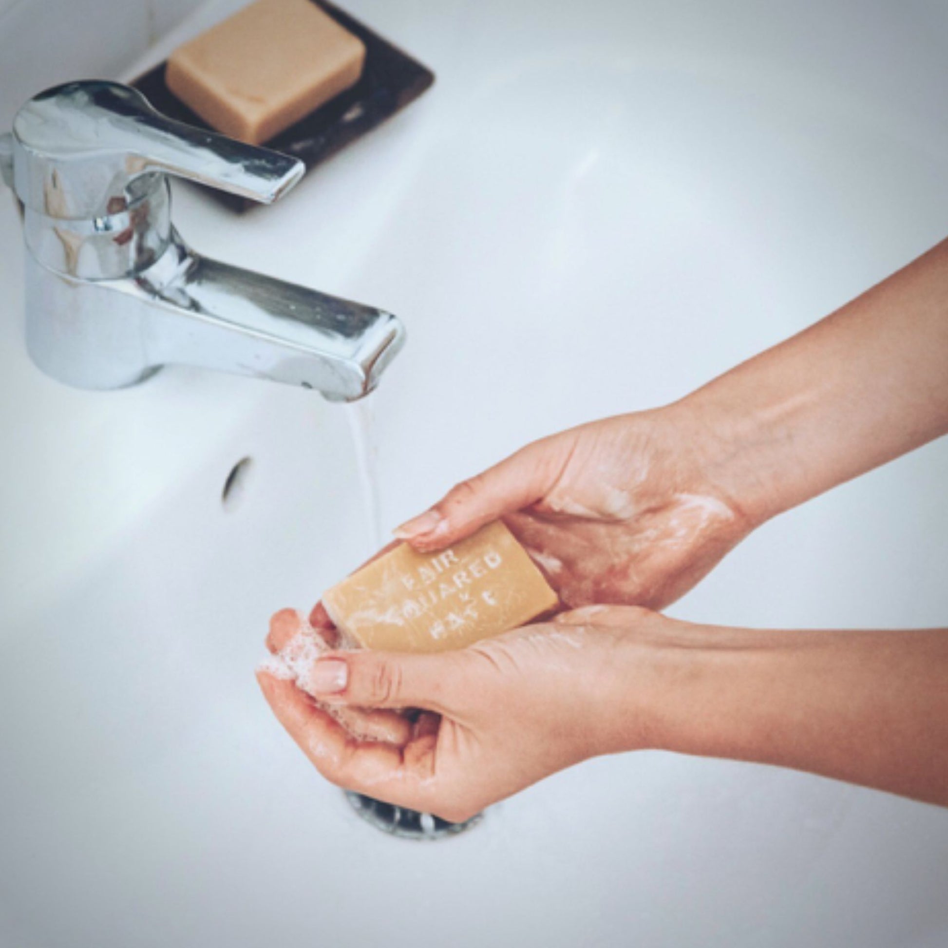 Fair Squared facial soap in bathroom