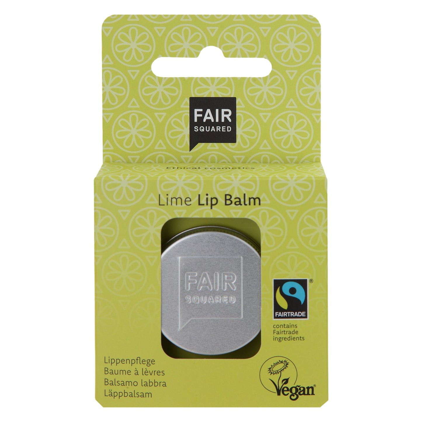 Fair Squared Lime Lip Balm tin in green packaging on white background