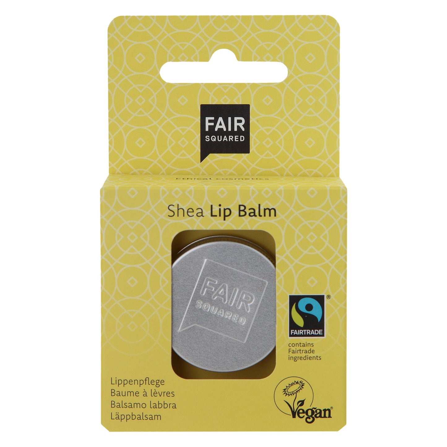 Fair Squared Shea Lip Balm tin, yellow packaging on white background