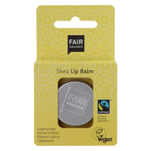 Fair Squared Shea Lip Balm tin, yellow packaging on white background