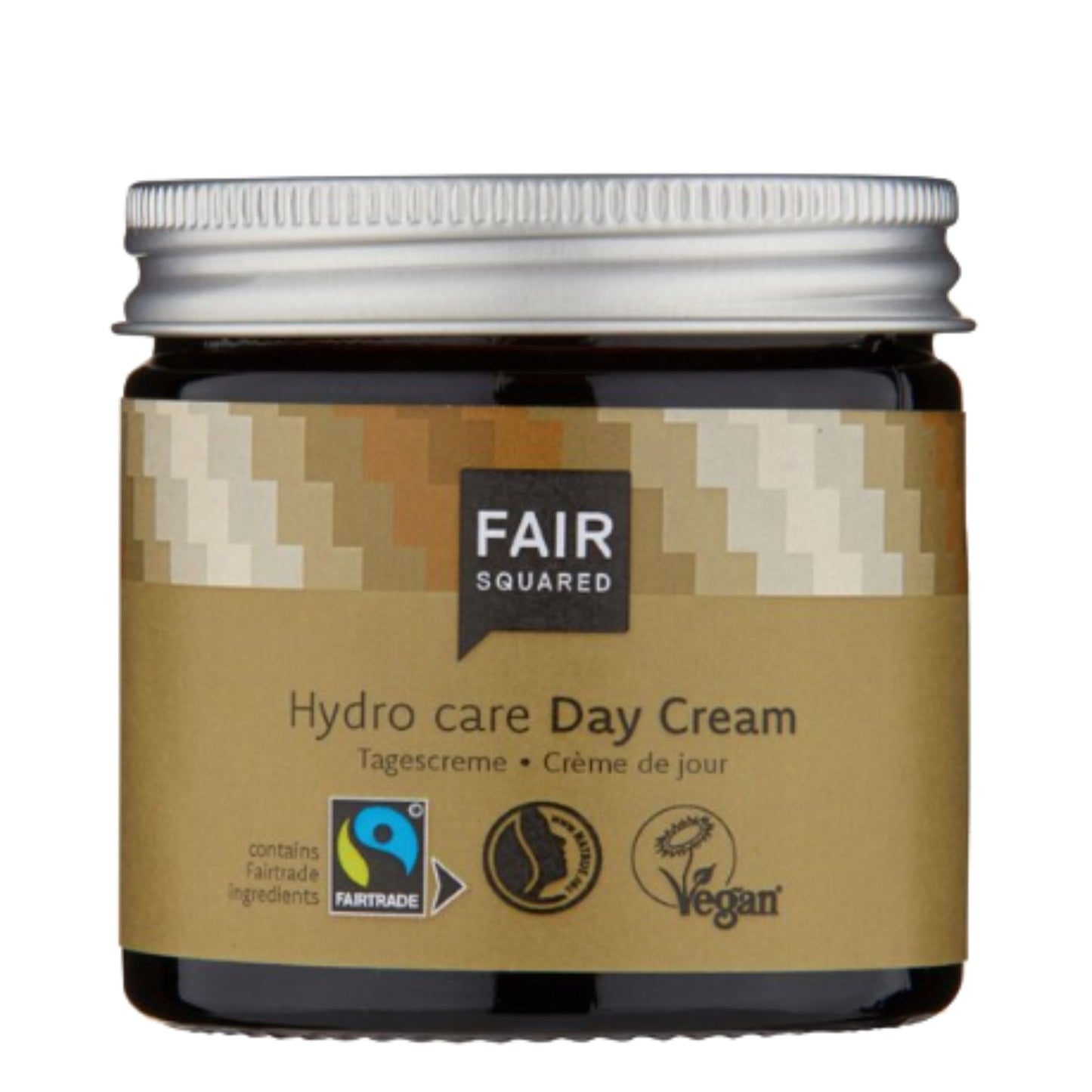 A jar of Fair Squared Hydro Care Day Cream with a brown label, silver lid, and Fairtrade and vegan logos, shown on a white background.