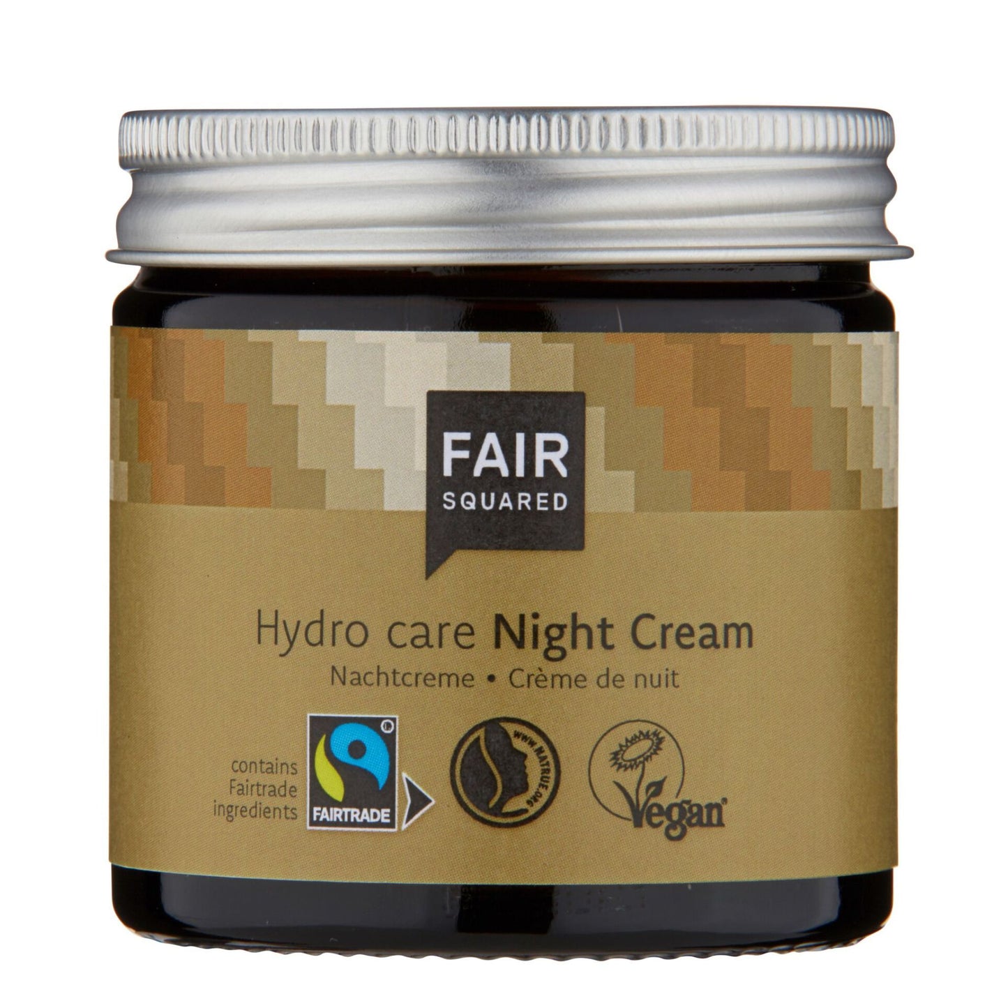 Fair Squared hydro care night cream with silver lid on brown glass jar with lighter brown label on white background.