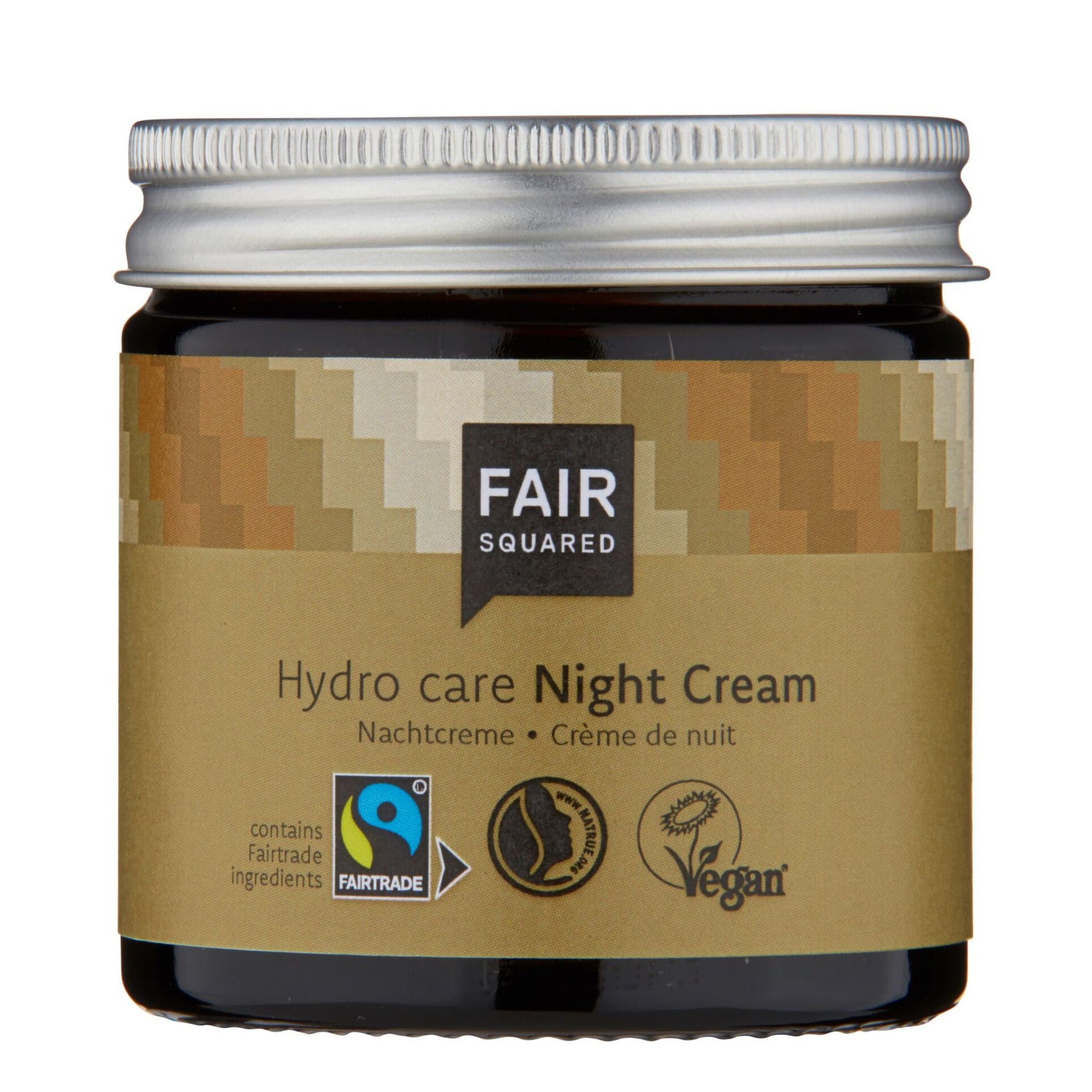 Fair Squared hydro care night cream with silver lid on brown glass jar with lighter brown label on white background.