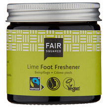 Fair Squared Lime Foot Freshner with Fair trade ingredients, certified vegan in a brown glass jar with a screw top lid 