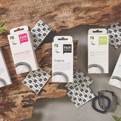 Fair Squared condoms packagings in natural background