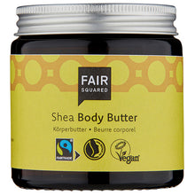 Fair Squared Shea Body Butter with fair trade ingredients is in azero waste brown glass jar with a screw top lid 
