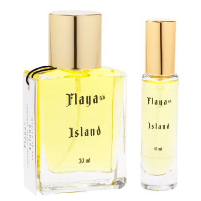 A 30 ml perfume bottle and a 10 ml travel bottle of Flaya GB Island, both with gold caps and clear glass bottle, shown on a white background.
