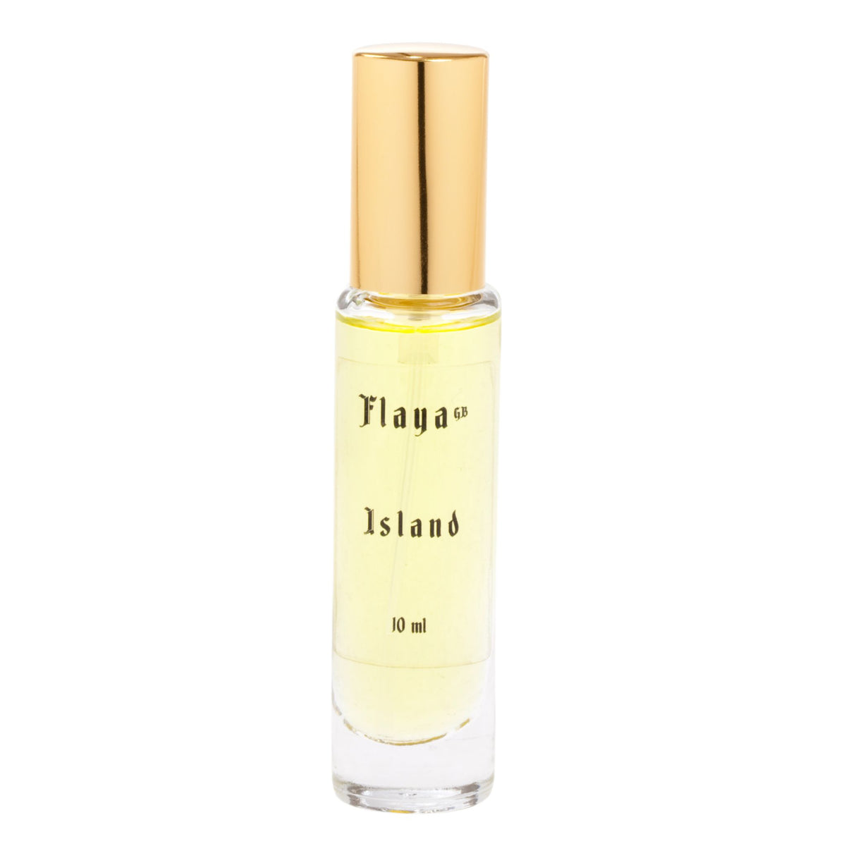 A 10 ml clear glass bottle with a metallic gold cap, featuring a white label with the brand name 'Flaya GB' and scent name 'Island'.