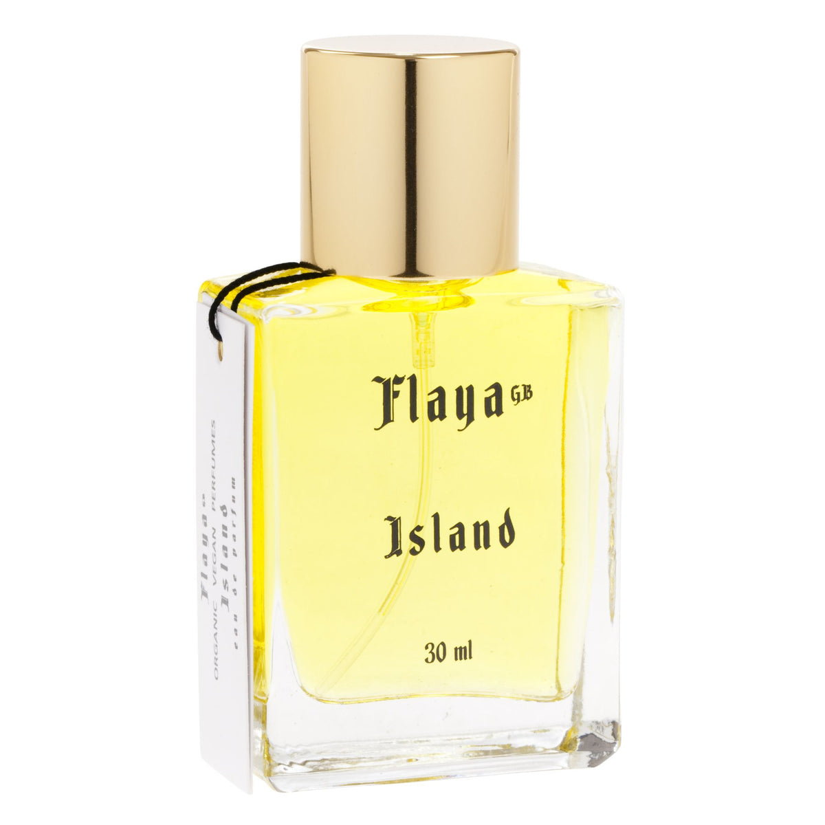 A 30 ml clear glass perfume bottle with a shiny gold cap, labeled 'Flaya GB Island' in black gothic font, on a white background.