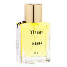 A 30 ml clear glass perfume bottle with a shiny gold cap, labeled 'Flaya GB Island' in black gothic font, on a white background.