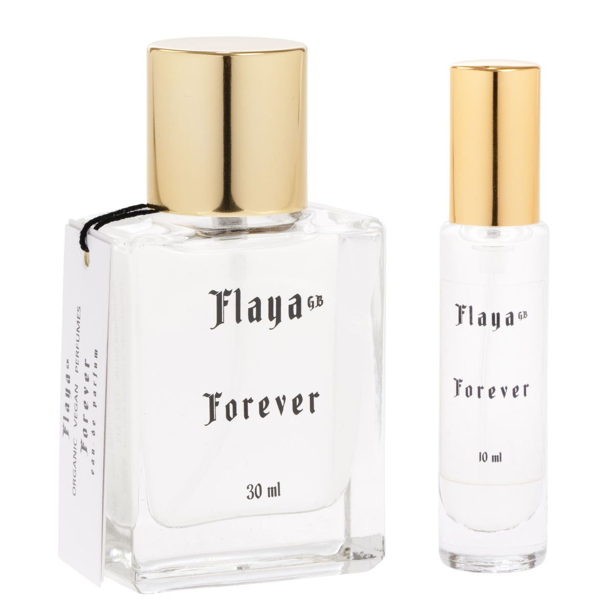 A 30 ml perfume bottle and a 10 ml travel bottle of Flaya GB Forever, both with gold caps and clear glass bodies, shown on a white background.