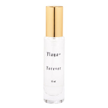 A 10 ml glass bottle of Flaya Forever fragrance, featuring a clear glass body, white label, and a shiny gold metallic cap, set against a plain white background.