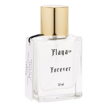 A 30 ml clear glass perfume bottle with a shiny gold cap, labeled 'Flaya GB Forever' in black gothic font, on a white background.