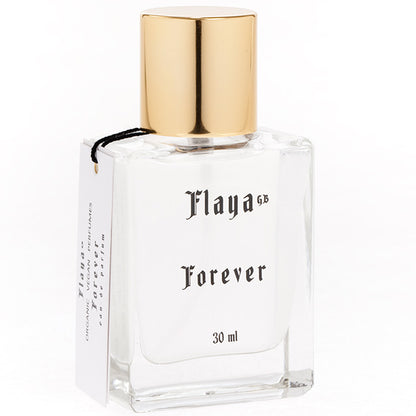 Flaya Eau -de-Parfum forever 30ml in a square clear glass spray bottle with a gold lid 