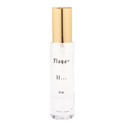 A 10 ml clear glass bottle with a metallic gold cap, featuring the brand name 'Flaya GB' and scent name 'If.