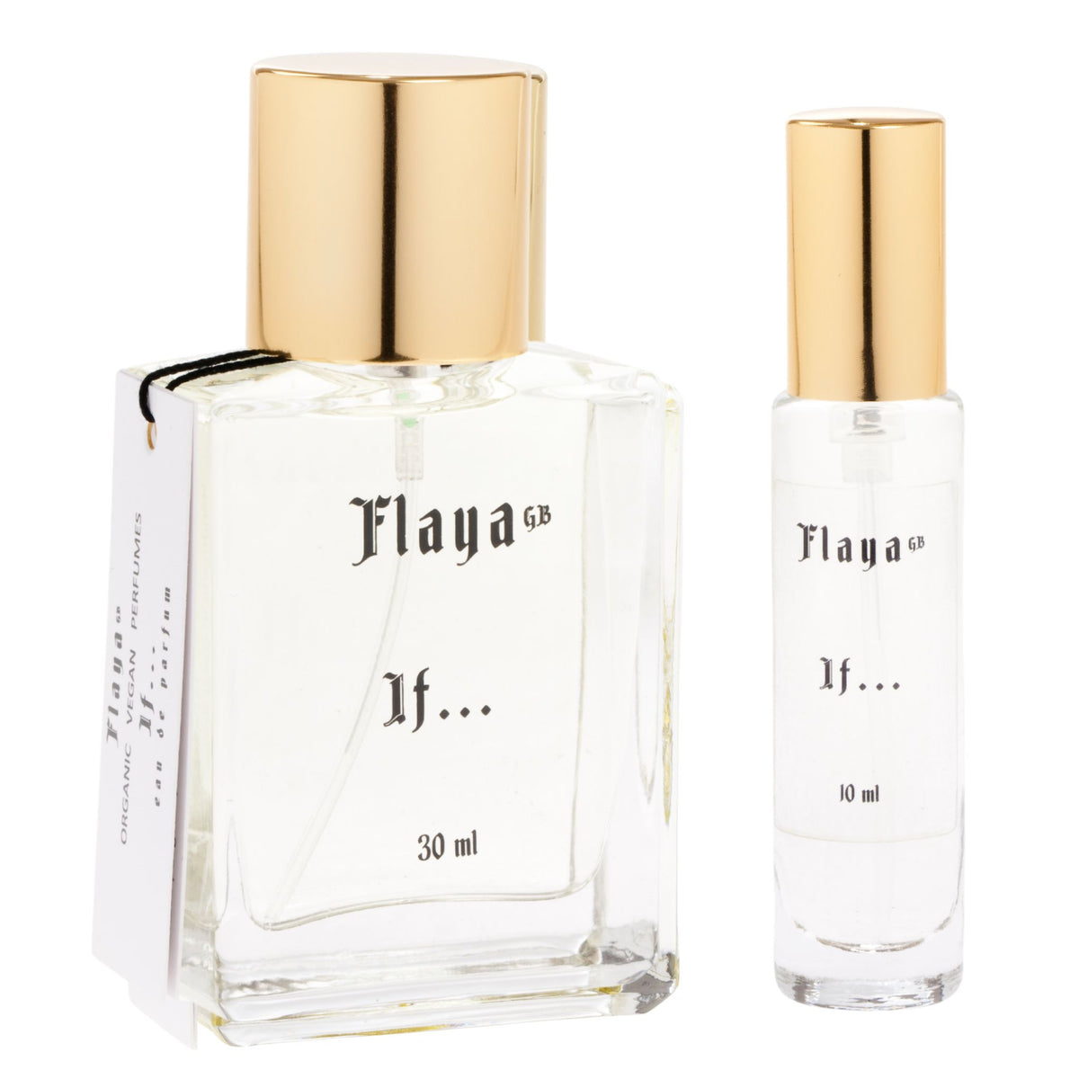 A 30 ml perfume bottle and a 10 ml travel bottle of Flaya GB If, both with gold caps and clear glass bodies, shown on a white background.