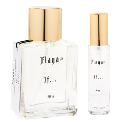 A 30 ml perfume bottle and a 10 ml travel bottle of Flaya GB If, both with gold caps and clear glass bodies, shown on a white background.