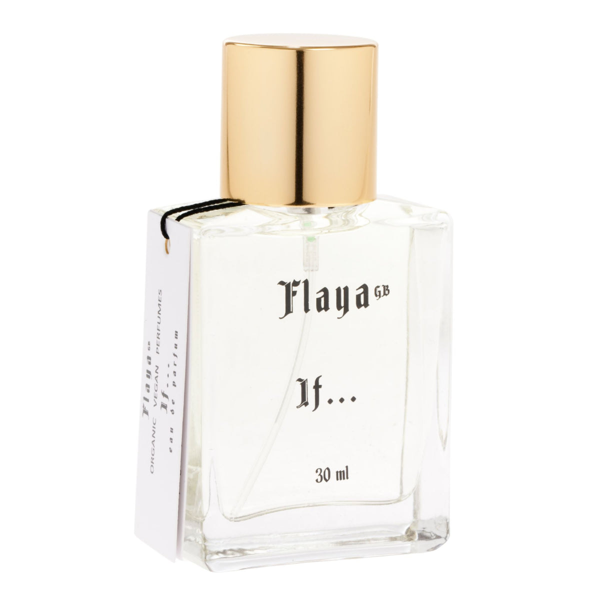 A 30 ml perfume of "Flaya GB If", in a glass bottle with gold caps, shown on a white background.