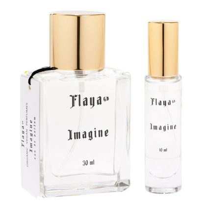 A 30 ml perfume bottle and a 10 ml travel bottle of Flaya GB Imagine Eau de Parfum, both with gold caps and clear glass bodies, shown on a white background.