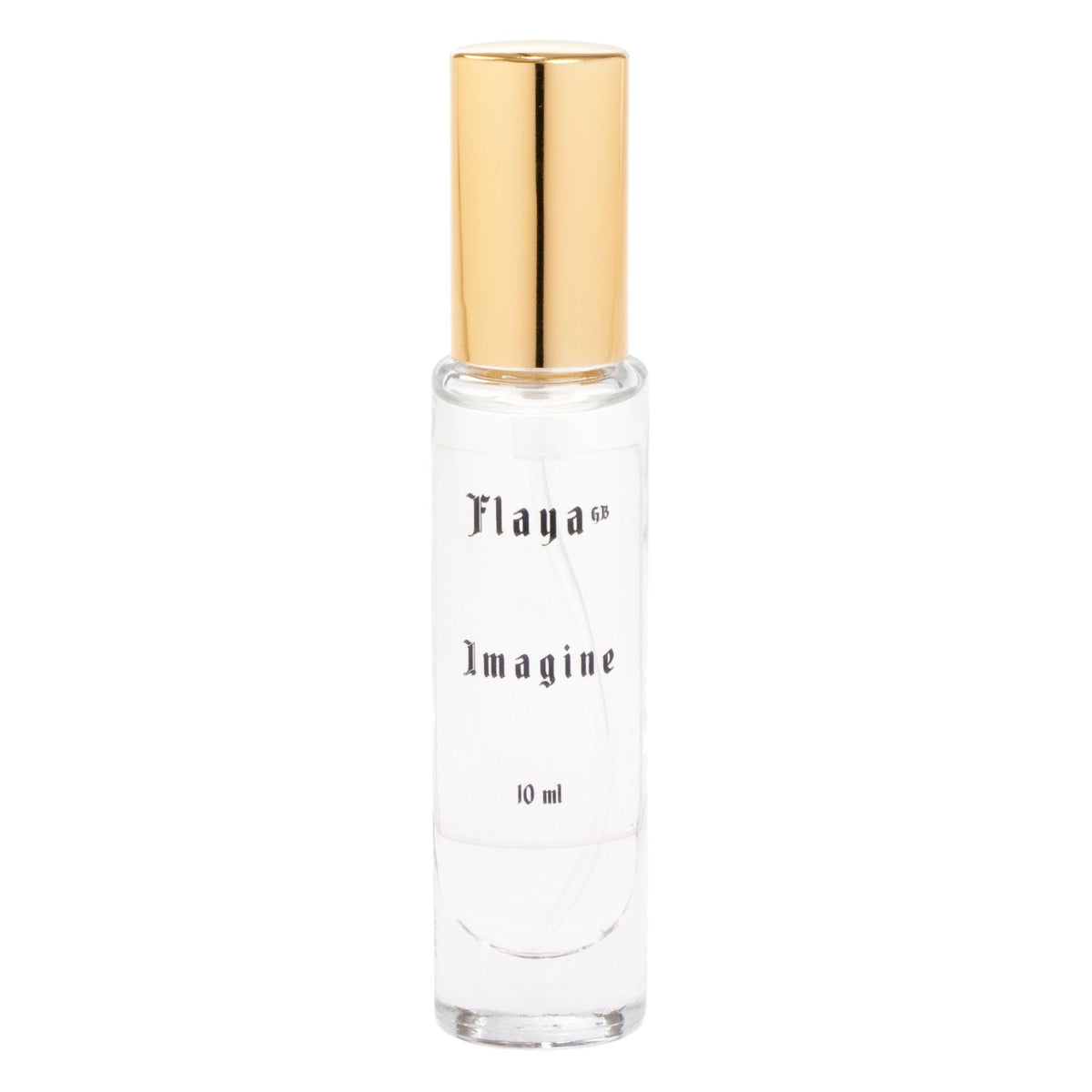 A 10 ml clear glass bottle with a shiny gold cap, featuring the brand name 'Flaya' and scent name 'Imagine' printed on the front, set against a plain white background.