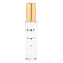 A 10 ml clear glass bottle with a shiny gold cap, featuring the brand name 'Flaya' and scent name 'Imagine' printed on the front, set against a plain white background.