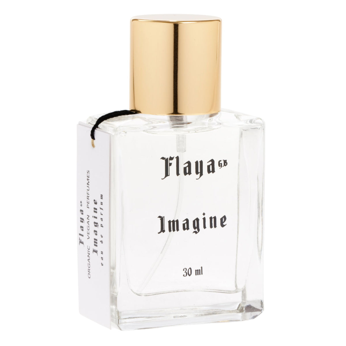 A 30 ml clear glass perfume bottle with a shiny gold cap, featuring a white label with the text 'Flaya GB Imagine'. It is shown with its white paper tag on a clean white background.