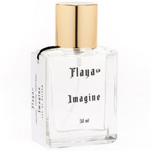 Flaya Eau de Parfum called Imagine  30ml in a square glass spray bottle with a gold lid. 