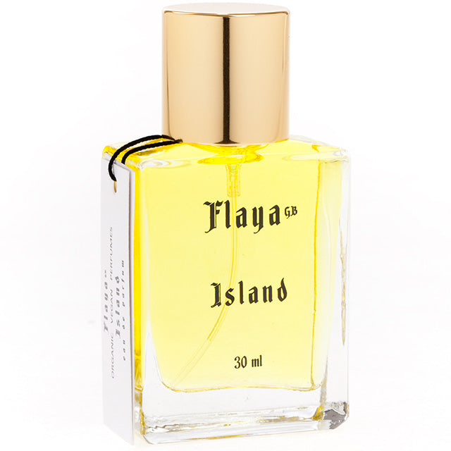 Flaya Eau de Parfum Island 30ml in a clear glass spray bottle with a gold  coloured lid