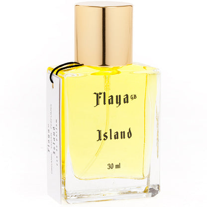 Flaya Eau de Parfum Island 30ml in a clear glass spray bottle with a gold  coloured lid