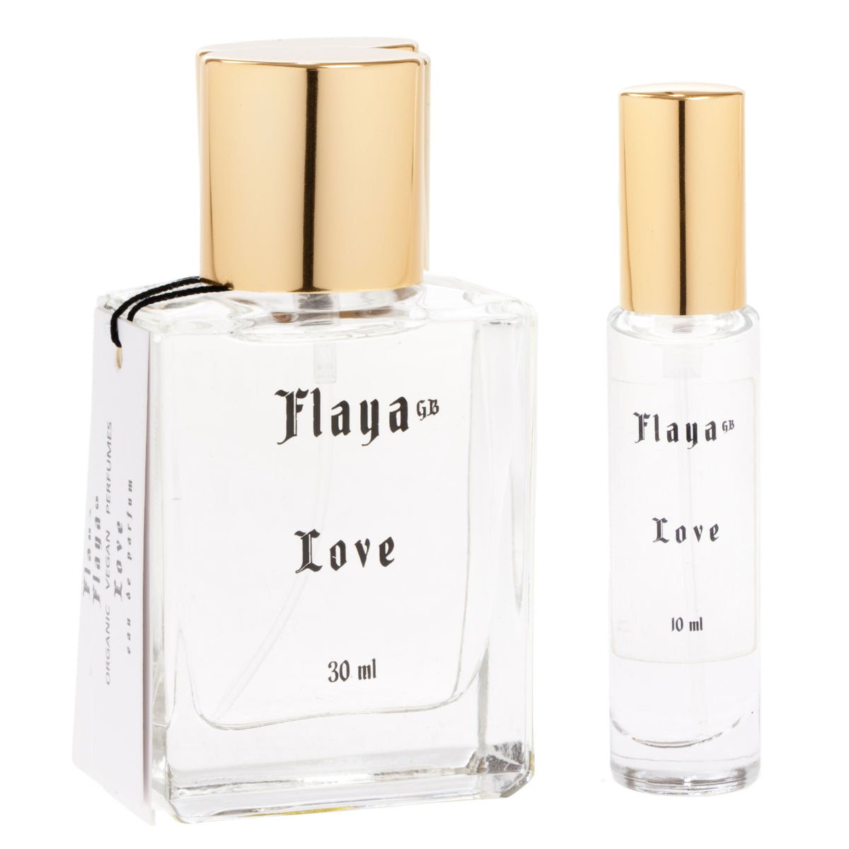 Flaya GB Love perfume set featuring a 30 ml rectangular glass bottle with a shiny gold cap with white label and smaller 10 ml glass bottle, on a white background.