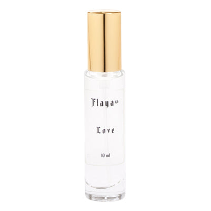 Flaya GB Love perfume featuring a 10 ml glass bottle with a shiny gold cap, on a white background.