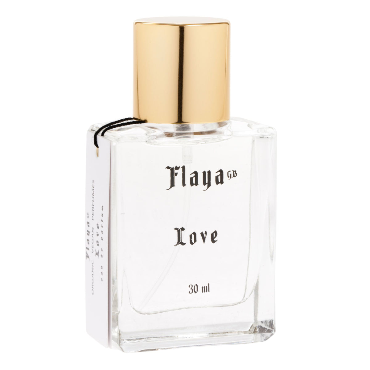Flaya GB Love perfume featuring a 30 ml rectangular glass bottle with a shiny gold cap with white labels, on a white background.