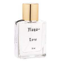 Flaya GB Love perfume featuring a 30 ml rectangular glass bottle with a shiny gold cap with white labels, on a white background.