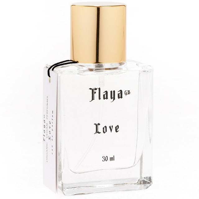 Flaya Eau de Parfum Love 30 ml in a squared clear glass spray bottle with a gold coloured id