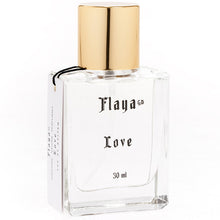 Flaya Eau de Parfum Love 30 ml in a squared clear glass spray bottle with a gold coloured id