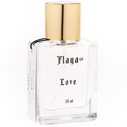 Flaya Eau de Parfum Love 30 ml in a squared clear glass spray bottle with a gold coloured id